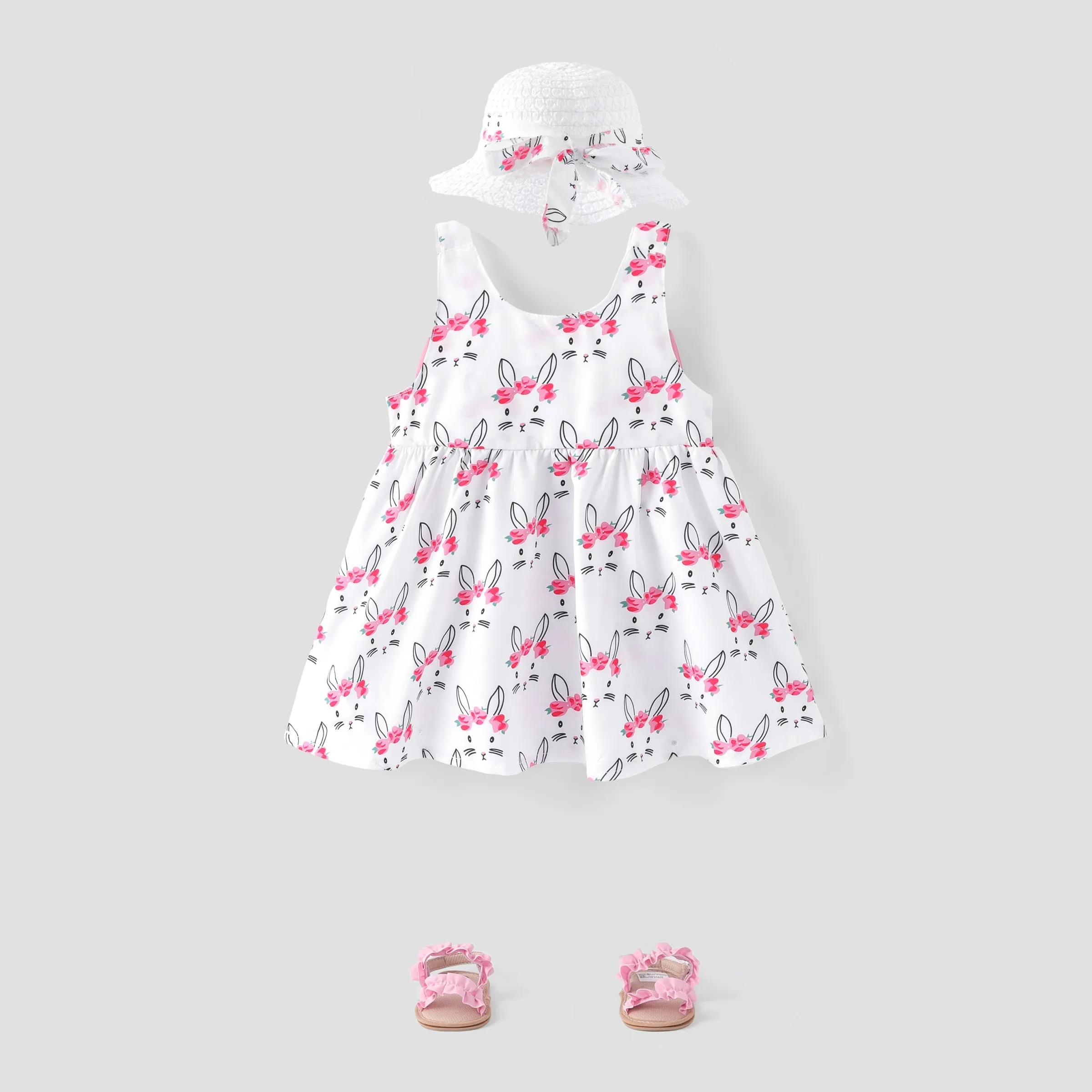 2pcs Baby Girl Bow Front Pretty Rabbit Print Tank Dress & Hat Set