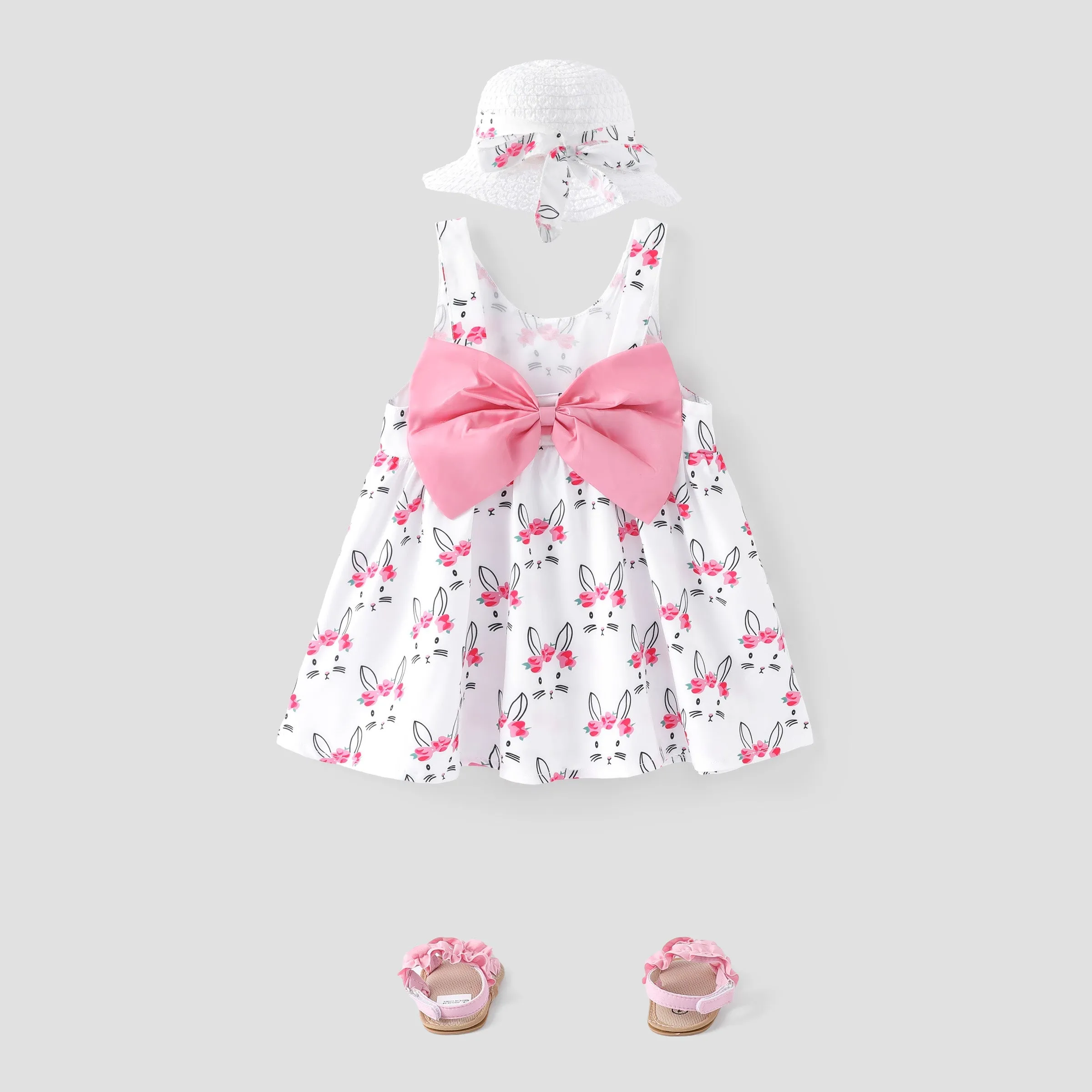 2pcs Baby Girl Bow Front Pretty Rabbit Print Tank Dress & Hat Set