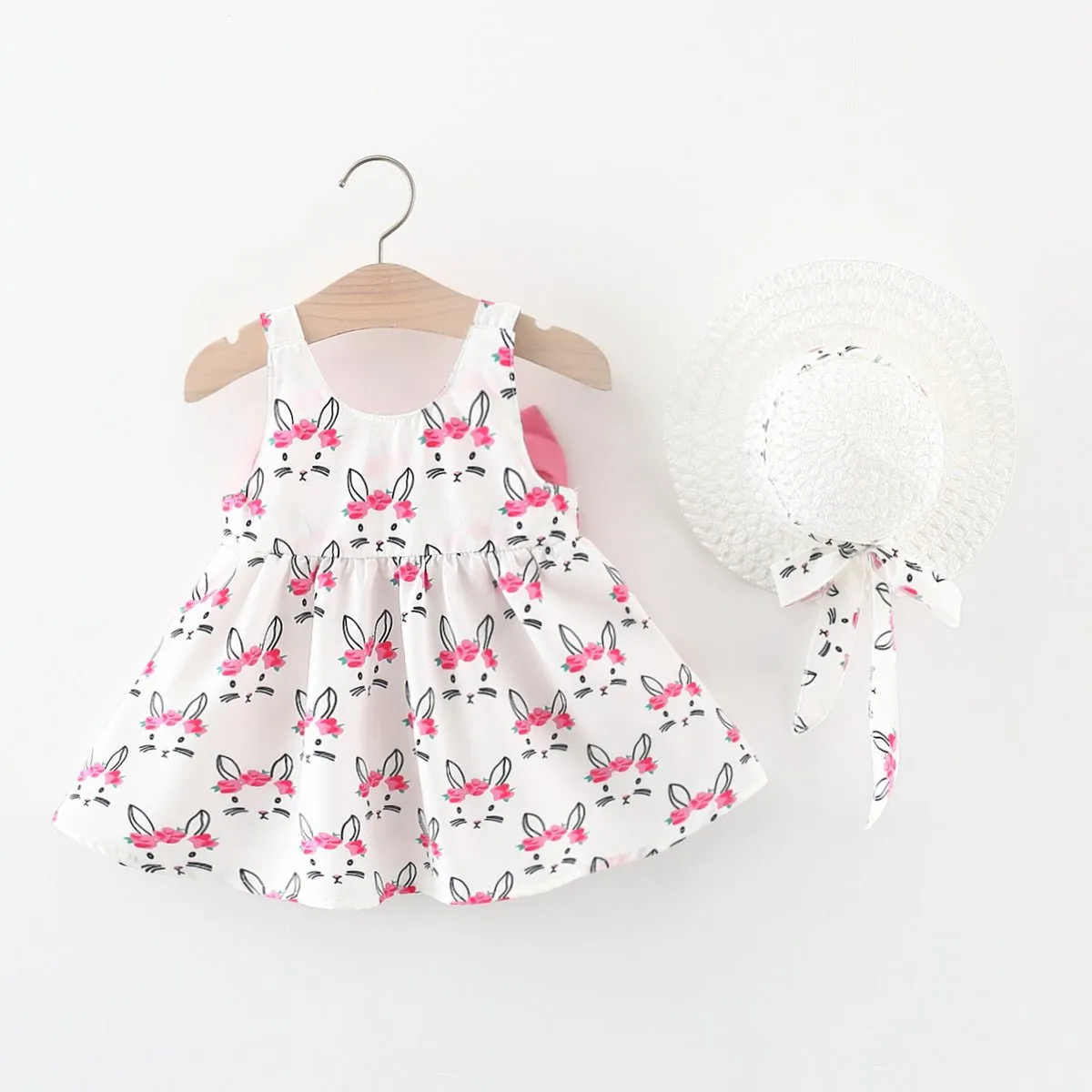 2pcs Baby Girl Bow Front Pretty Rabbit Print Tank Dress & Hat Set