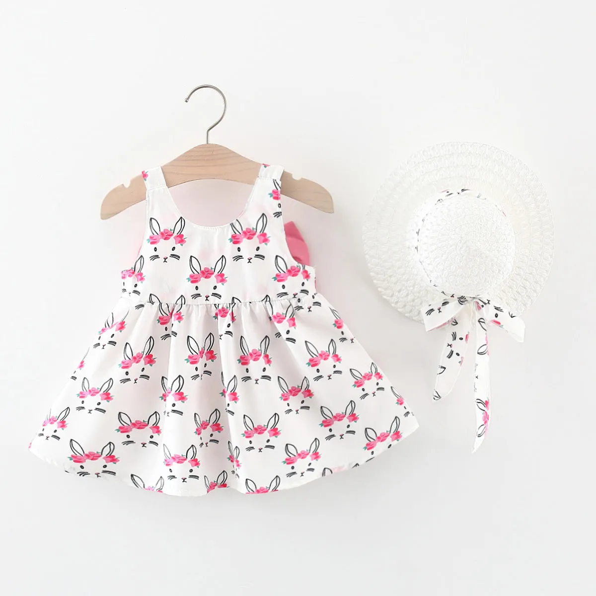 2pcs Baby Girl Bow Front Pretty Rabbit Print Tank Dress & Hat Set