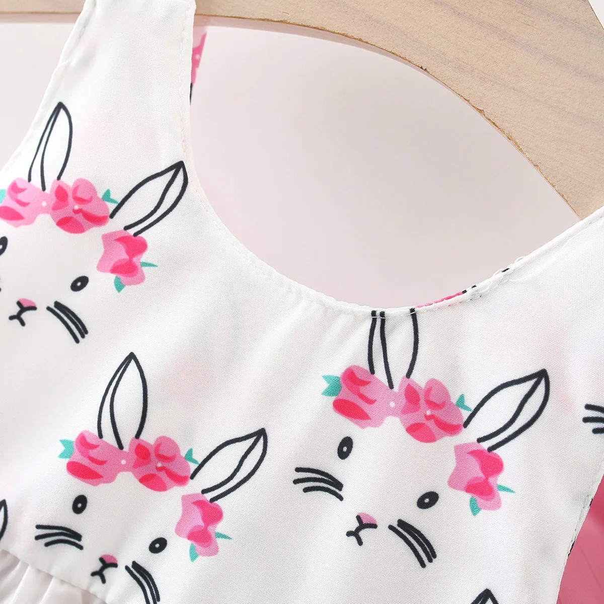 2pcs Baby Girl Bow Front Pretty Rabbit Print Tank Dress & Hat Set