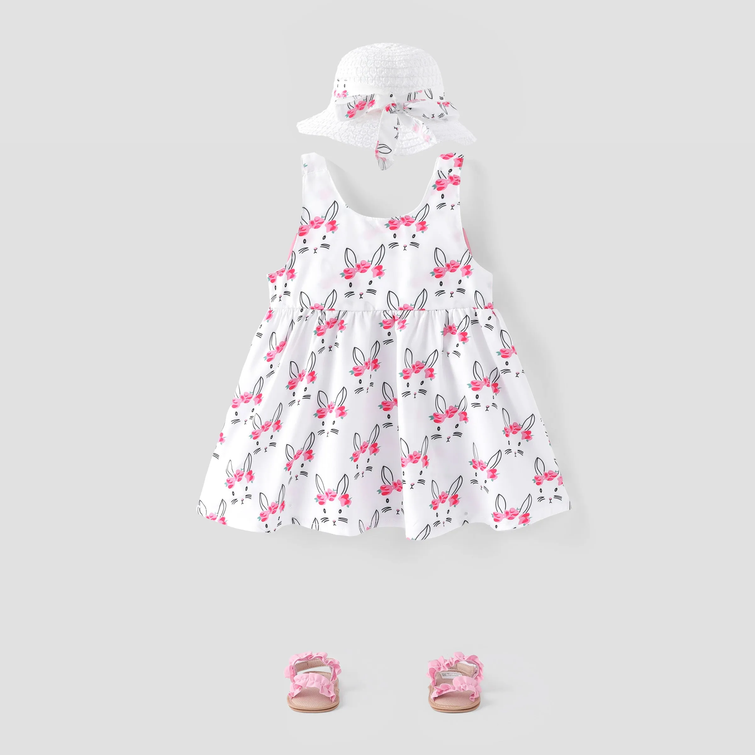 2pcs Baby Girl Bow Front Pretty Rabbit Print Tank Dress & Hat Set