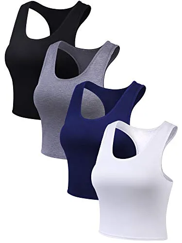 4 Pieces Basic Crop Tank Tops Sleeveless Racerback Crop Sport Cotton Top for Women (Black, White, Dark Grey, Navy Blue, Medium)