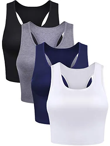 4 Pieces Basic Crop Tank Tops Sleeveless Racerback Crop Sport Cotton Top for Women (Black, White, Dark Grey, Navy Blue, Medium)