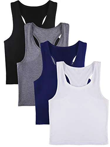 4 Pieces Basic Crop Tank Tops Sleeveless Racerback Crop Sport Cotton Top for Women (Black, White, Dark Grey, Navy Blue, Medium)