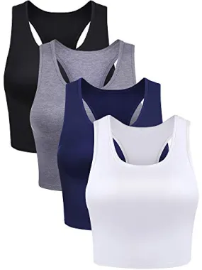 4 Pieces Basic Crop Tank Tops Sleeveless Racerback Crop Sport Cotton Top for Women (Black, White, Dark Grey, Navy Blue, Medium)