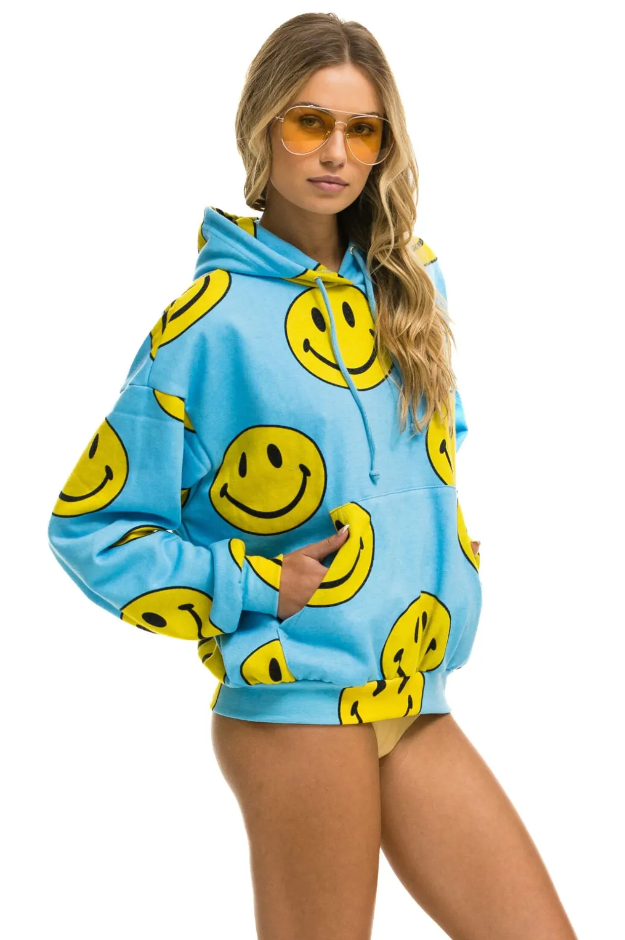 AVIATOR NATION UNISEX SMILEY REPEAT RELAXED PULLOVER HOODIE - SKY
