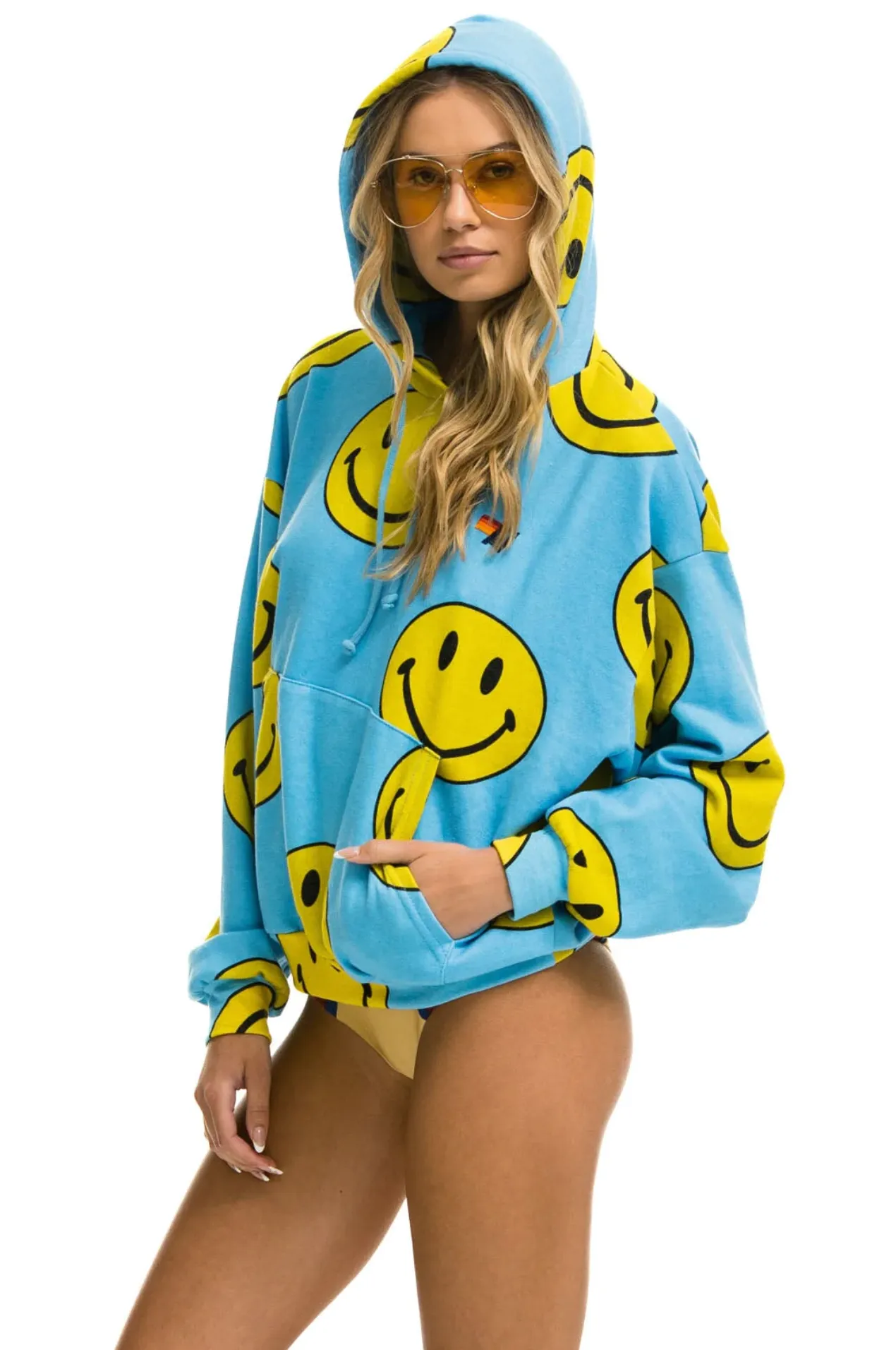 AVIATOR NATION UNISEX SMILEY REPEAT RELAXED PULLOVER HOODIE - SKY