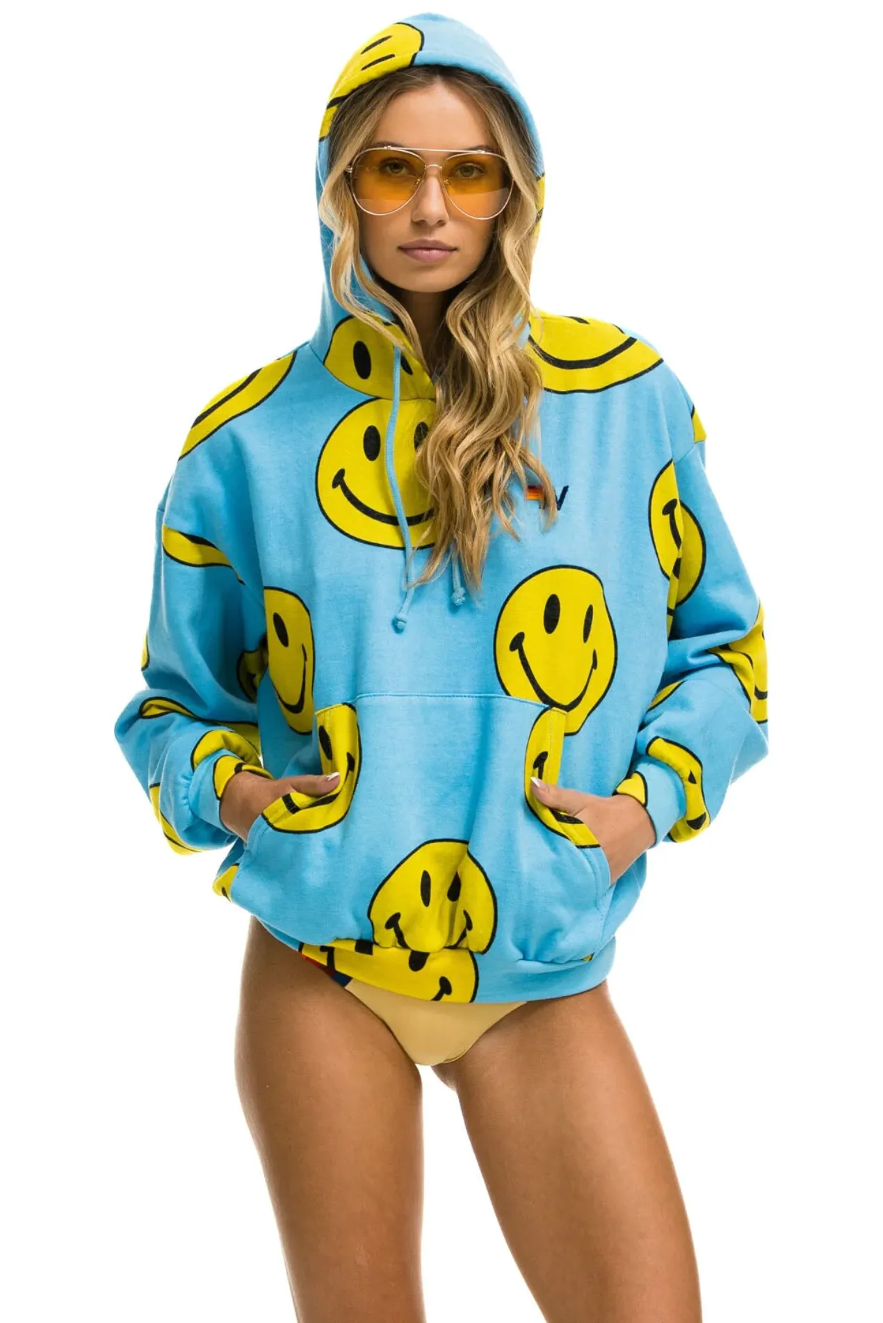 AVIATOR NATION UNISEX SMILEY REPEAT RELAXED PULLOVER HOODIE - SKY