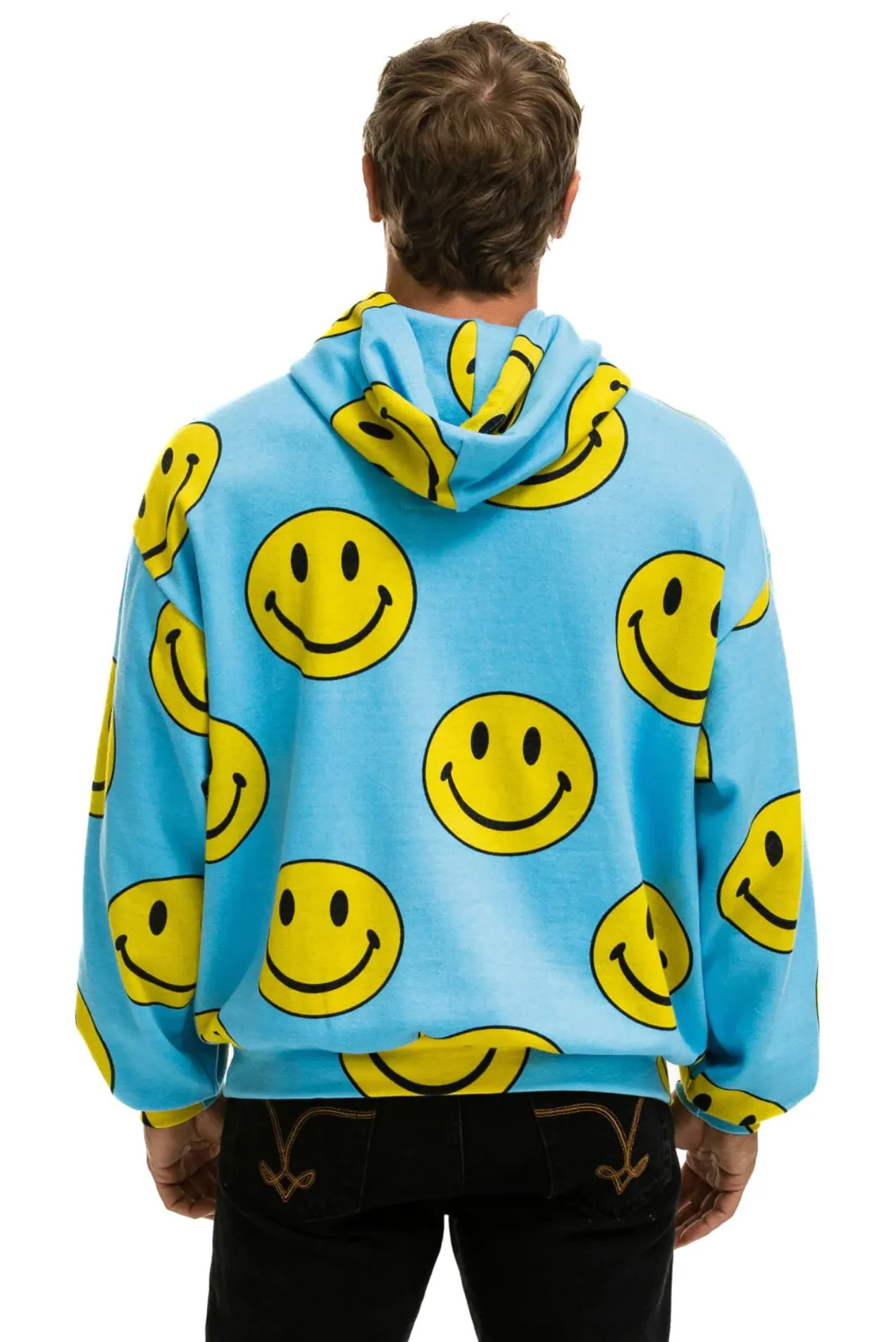AVIATOR NATION UNISEX SMILEY REPEAT RELAXED PULLOVER HOODIE - SKY