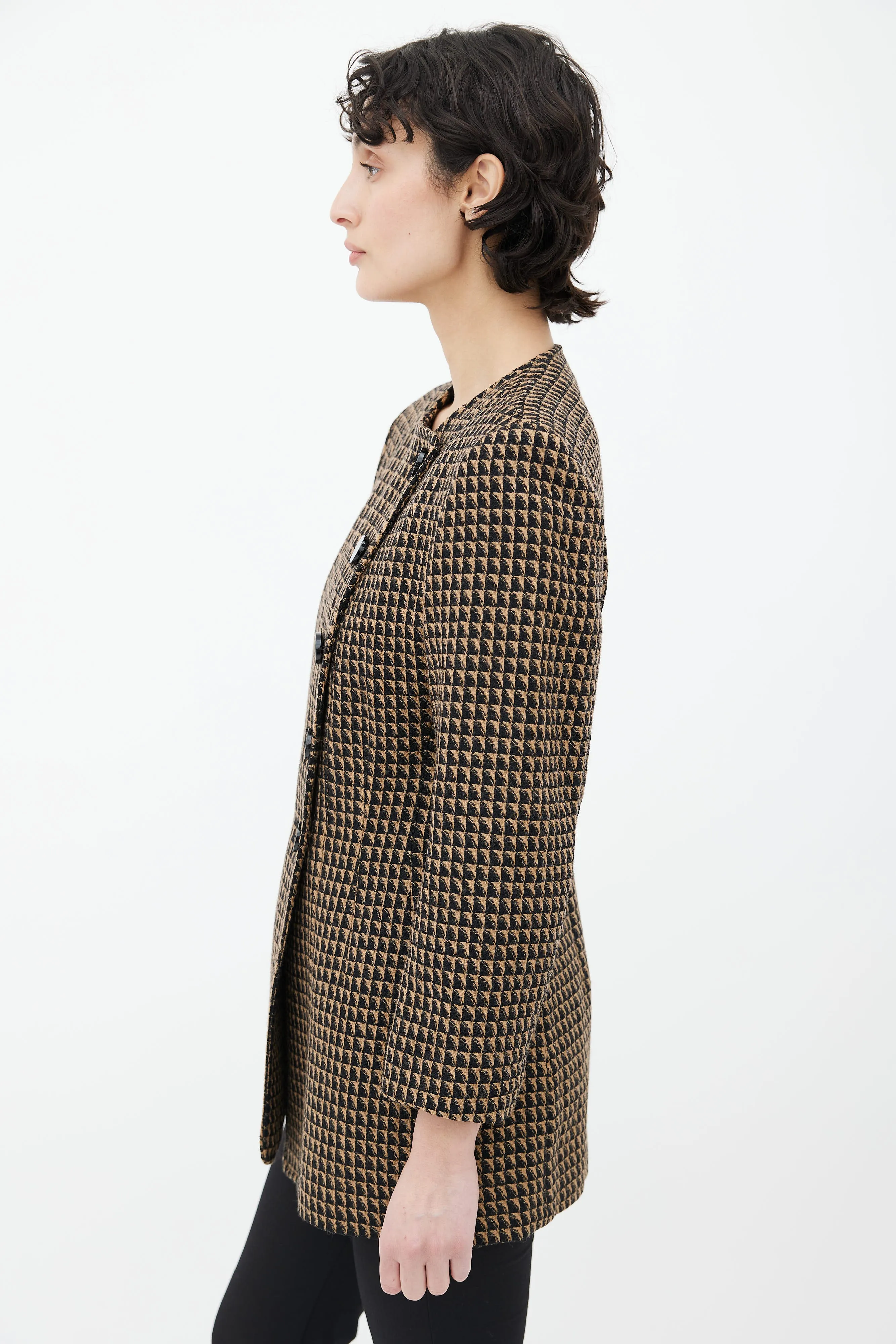 Black & Brown Triangle Pattern Structured Collarless Blazer