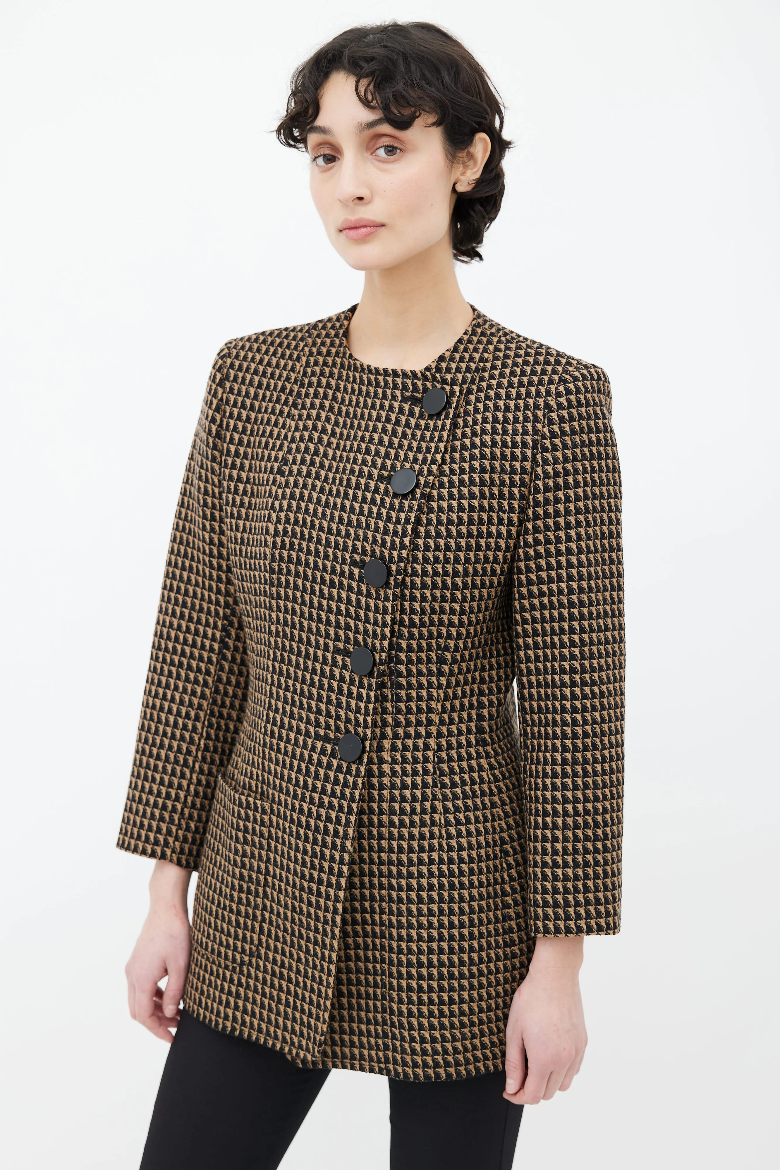 Black & Brown Triangle Pattern Structured Collarless Blazer