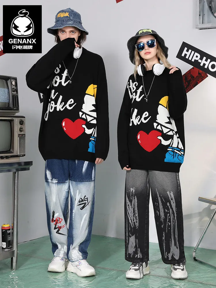 Black Cartoon Jacquard Knit Sweater