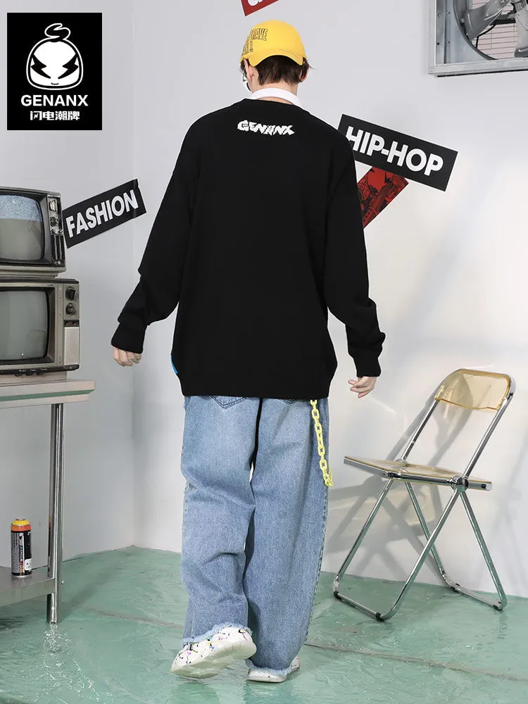 Black Cartoon Jacquard Knit Sweater