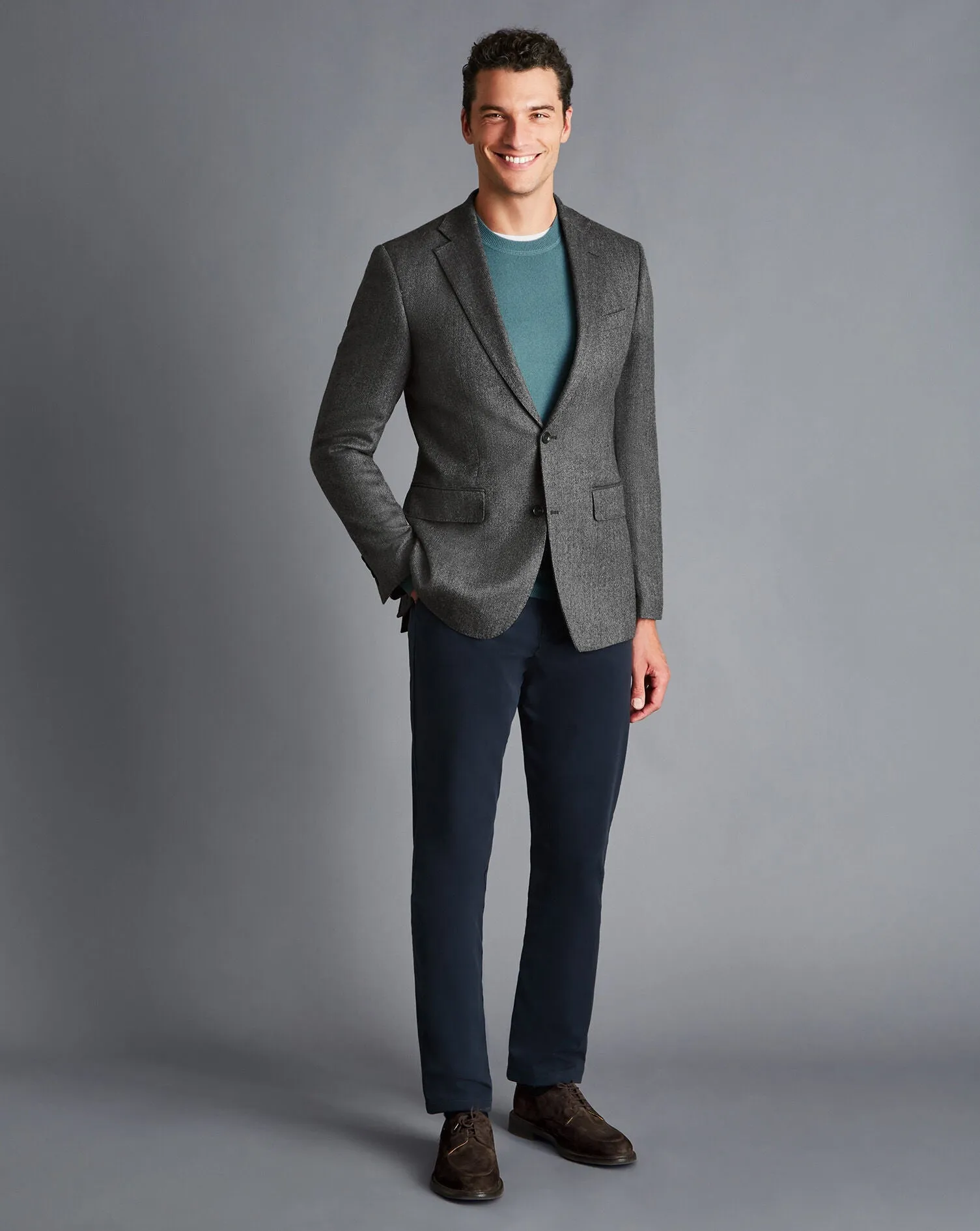 Dark Grey Herringbone Wool Texture Slim Fit Jacket