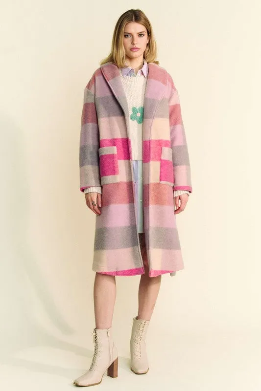 Davi & Dani Fuzzy Hot Pink Color Block Collared Neck Coat