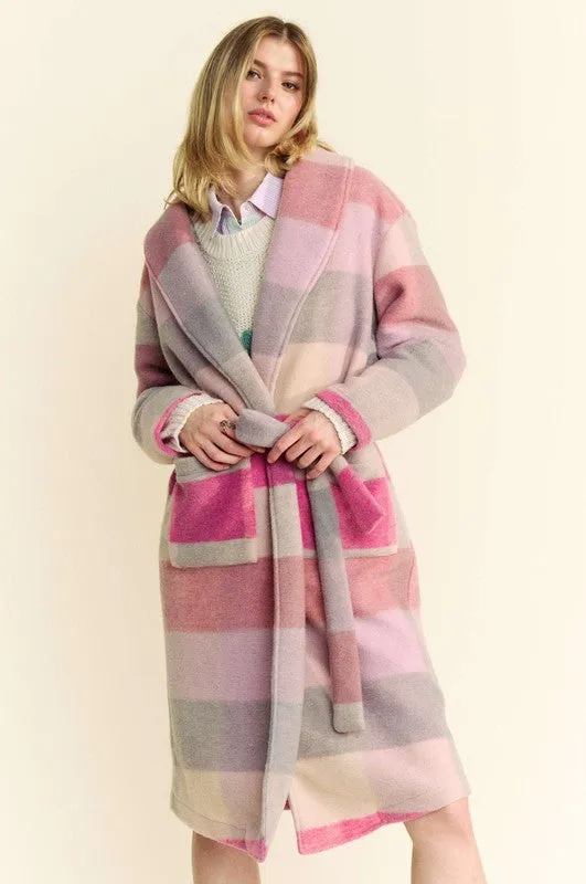 Davi & Dani Fuzzy Hot Pink Color Block Collared Neck Coat