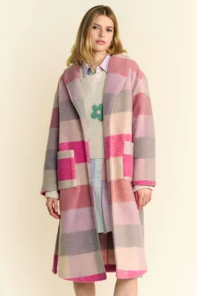 Davi & Dani Fuzzy Hot Pink Color Block Collared Neck Coat