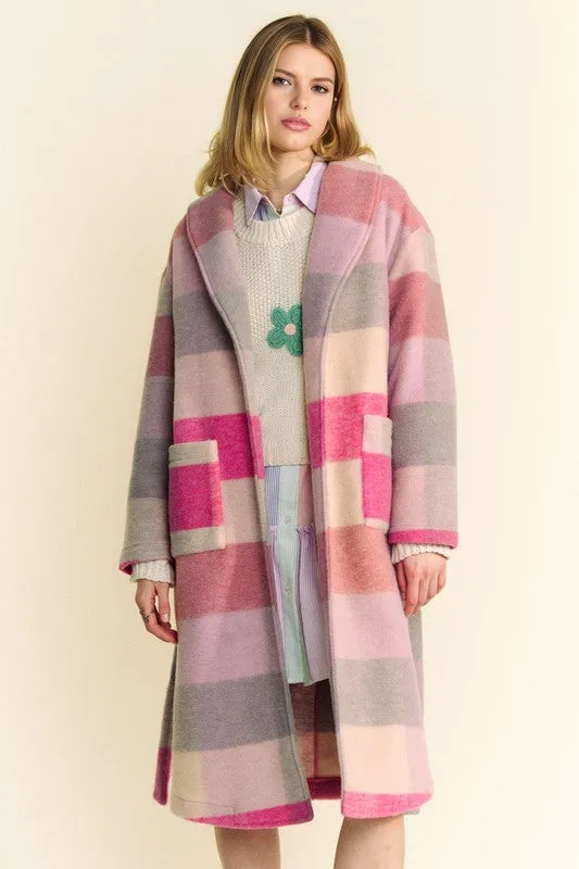 Davi & Dani Fuzzy Hot Pink Color Block Collared Neck Coat