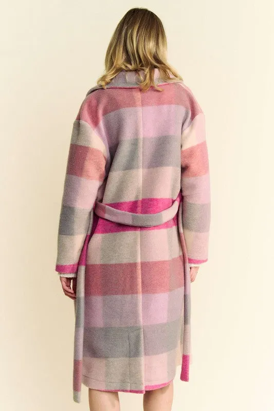 Davi & Dani Fuzzy Hot Pink Color Block Collared Neck Coat