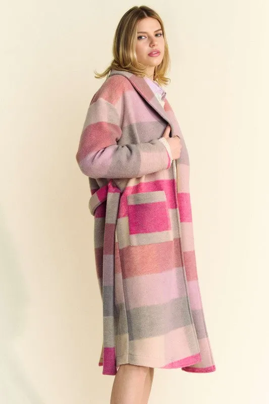 Davi & Dani Fuzzy Hot Pink Color Block Collared Neck Coat