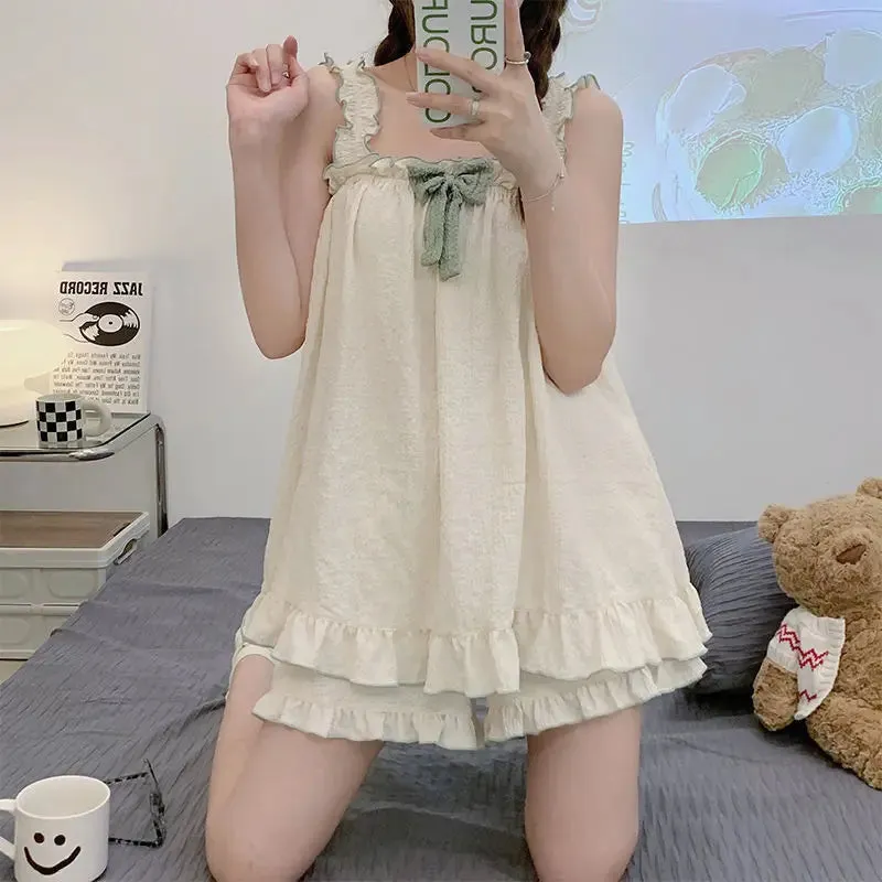Dermearne 3 Pajama Sets Women Sleeveless Bow Summer Cool Sweet Sleepwear Princess Soft Comfortable Loungewear Tender Girlish Cozy Homewear