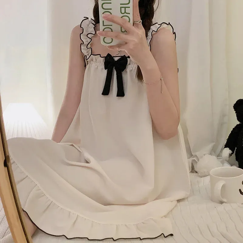 Dermearne 3 Pajama Sets Women Sleeveless Bow Summer Cool Sweet Sleepwear Princess Soft Comfortable Loungewear Tender Girlish Cozy Homewear