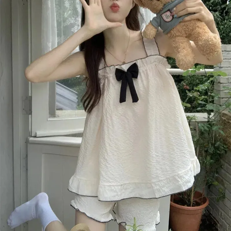 Dermearne 3 Pajama Sets Women Sleeveless Bow Summer Cool Sweet Sleepwear Princess Soft Comfortable Loungewear Tender Girlish Cozy Homewear