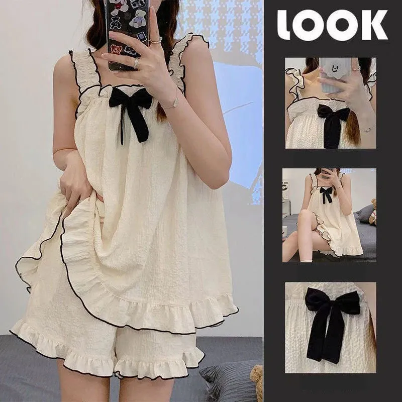 Dermearne 3 Pajama Sets Women Sleeveless Bow Summer Cool Sweet Sleepwear Princess Soft Comfortable Loungewear Tender Girlish Cozy Homewear