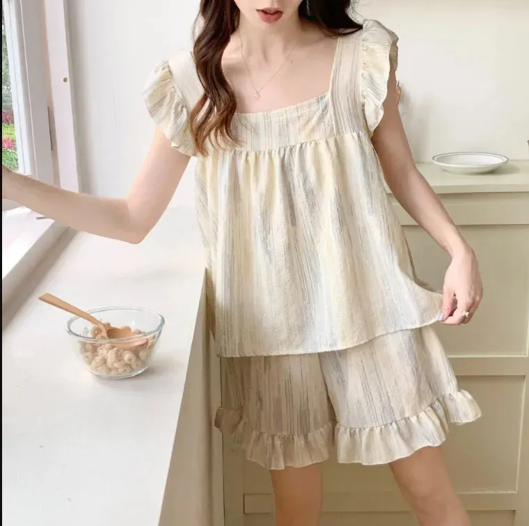 Dermearne 3 Pajama Sets Women Sleeveless Bow Summer Cool Sweet Sleepwear Princess Soft Comfortable Loungewear Tender Girlish Cozy Homewear