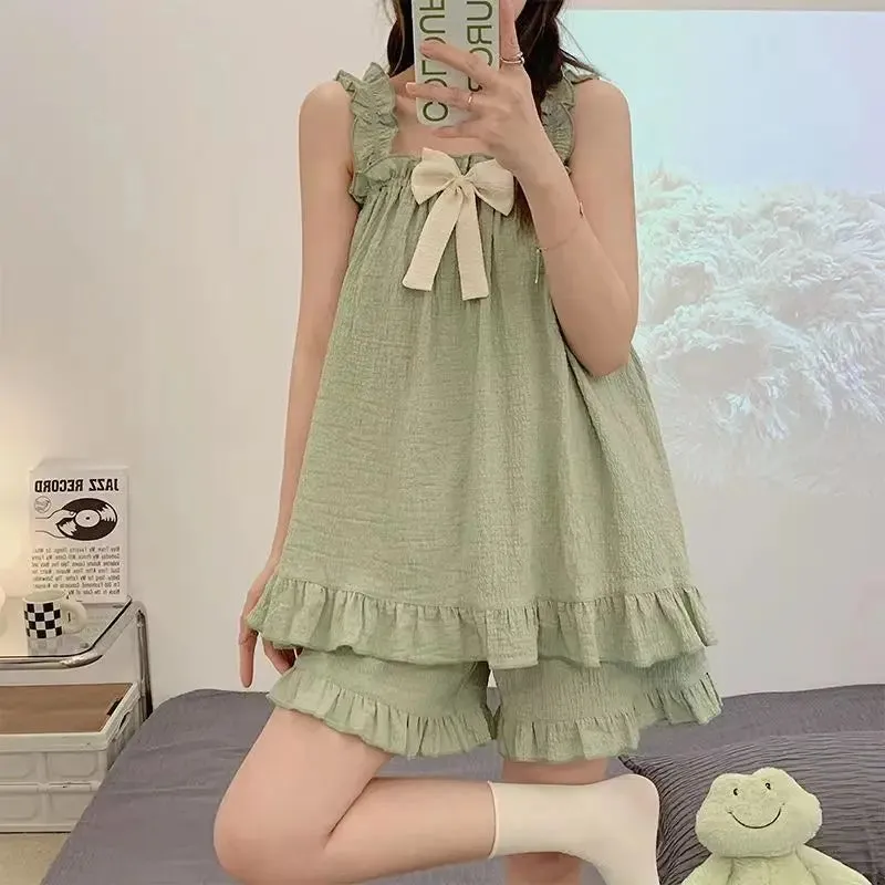 Dermearne 3 Pajama Sets Women Sleeveless Bow Summer Cool Sweet Sleepwear Princess Soft Comfortable Loungewear Tender Girlish Cozy Homewear