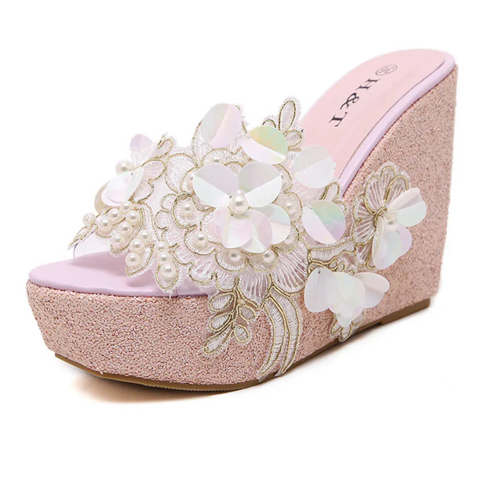 Floral pearls decor summer cute wedge heel slippers