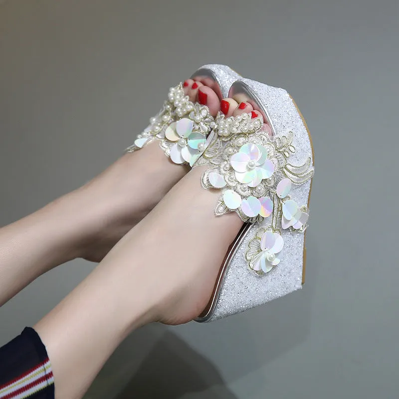 Floral pearls decor summer cute wedge heel slippers