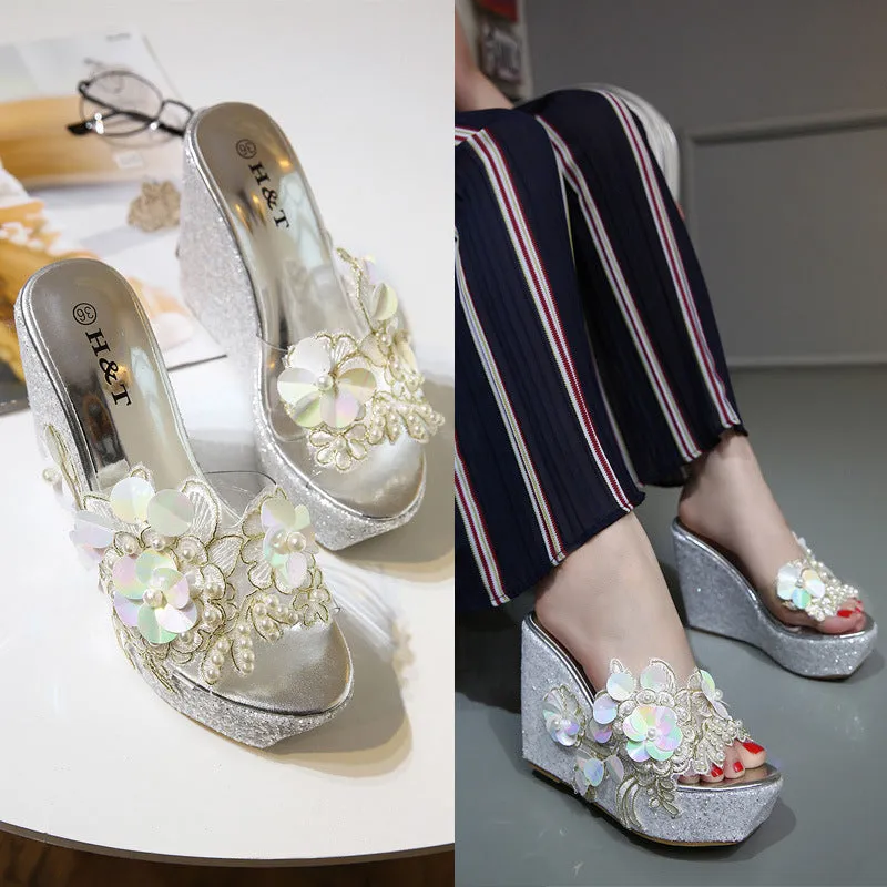 Floral pearls decor summer cute wedge heel slippers