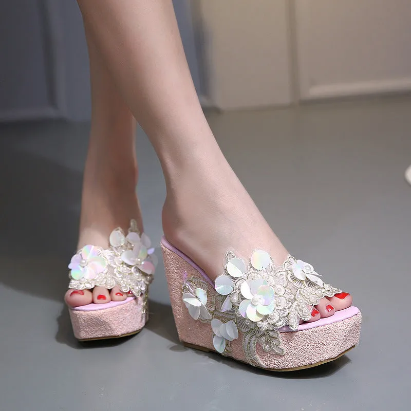 Floral pearls decor summer cute wedge heel slippers