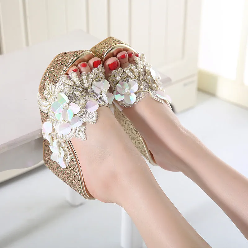 Floral pearls decor summer cute wedge heel slippers