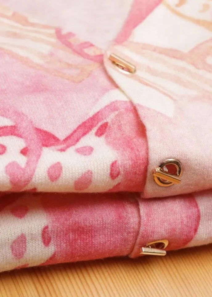 French Pink Print V Neck Button Knit Tops Long Sleeve AS1091
