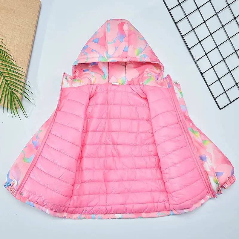 Girls Camouflage Design Down Cotton Hooded Jackets