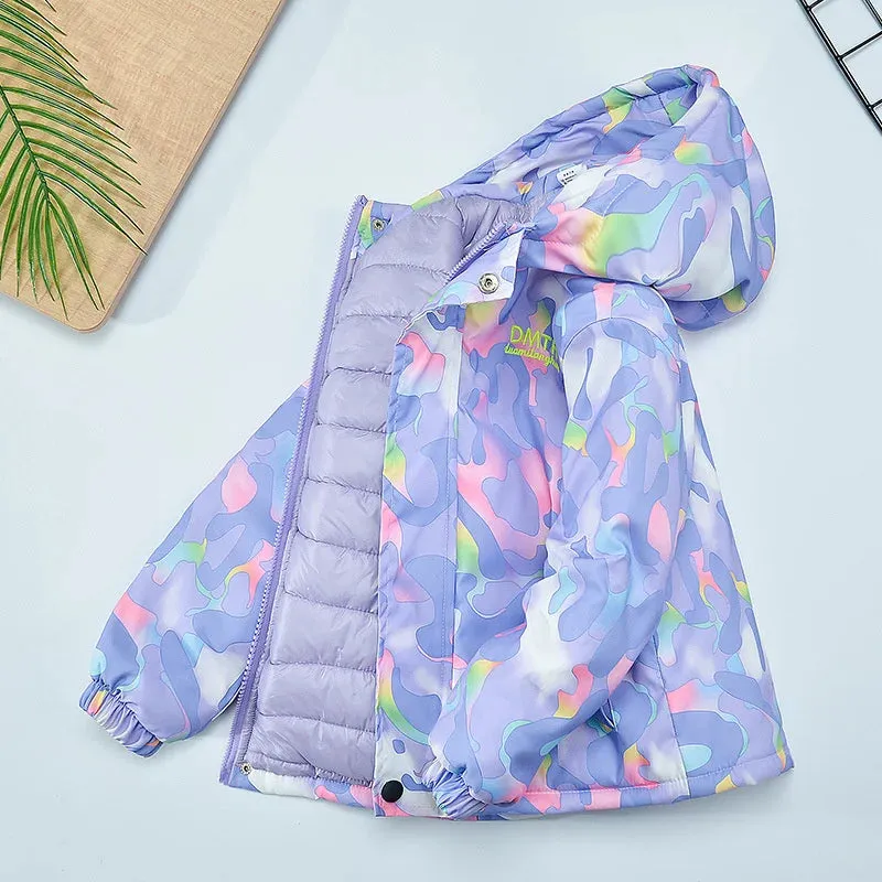 Girls Camouflage Design Down Cotton Hooded Jackets