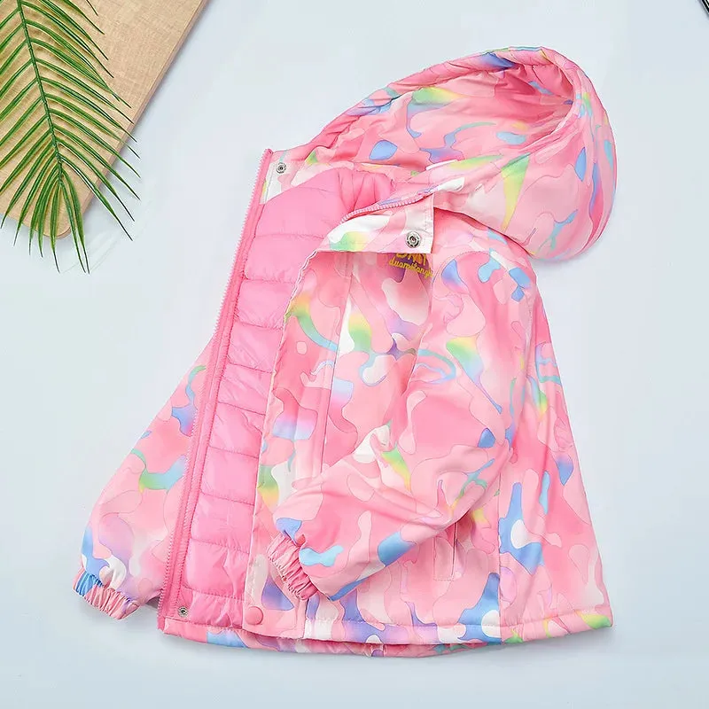 Girls Camouflage Design Down Cotton Hooded Jackets