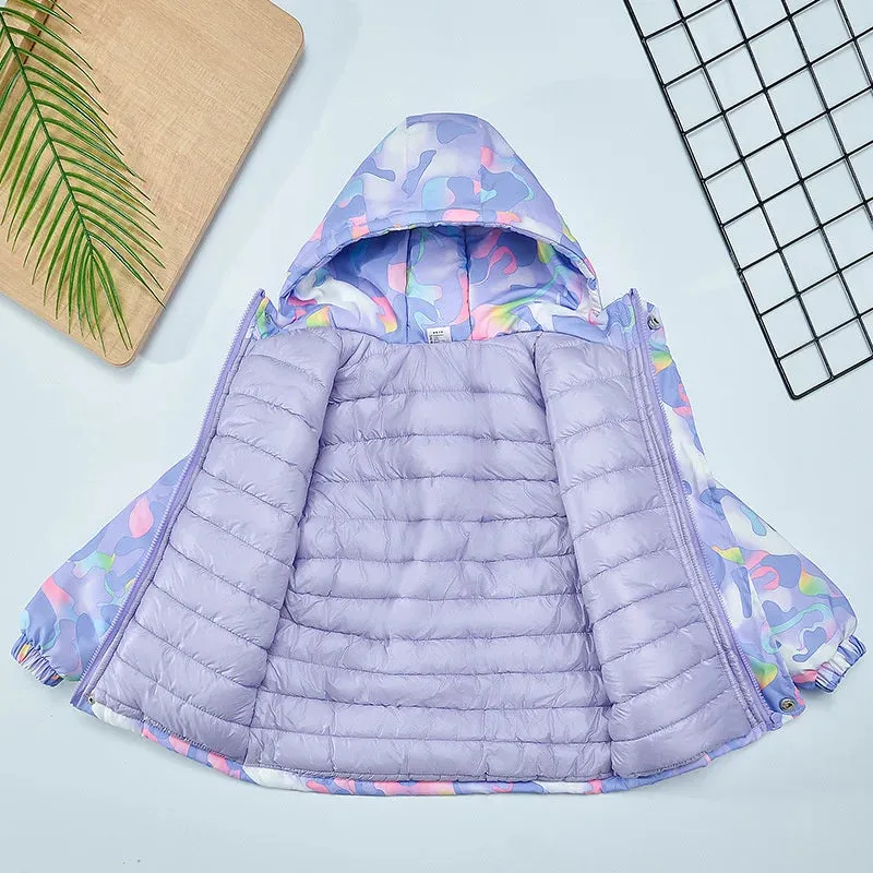 Girls Camouflage Design Down Cotton Hooded Jackets
