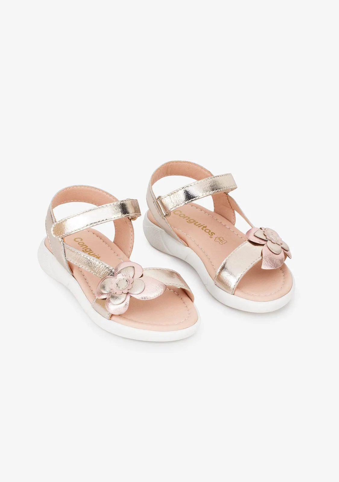 Girl's Platinum Flower Leather Sandals