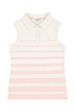 Girls Stripe Sleeveless Polo Shirt in Marshmallow