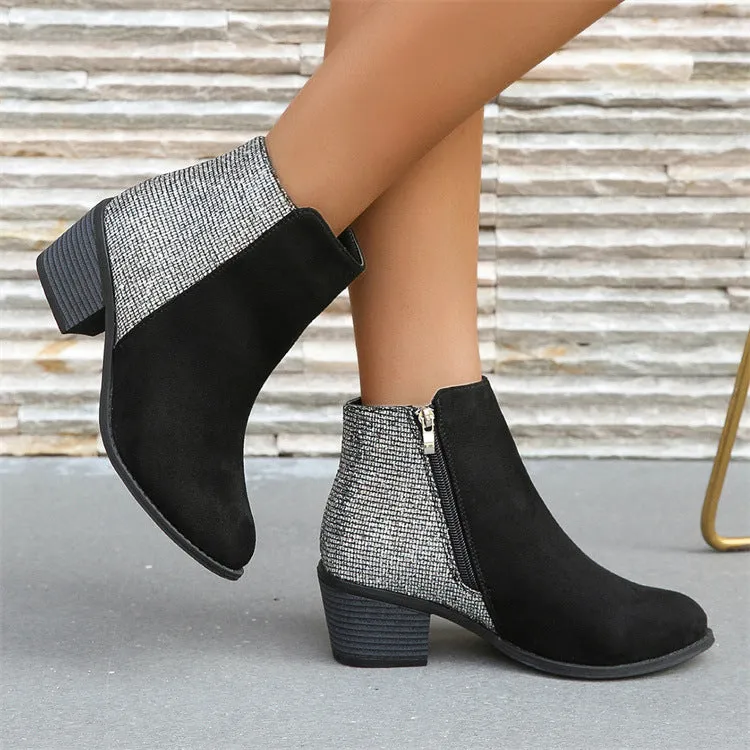 Glossy Fabric Back Stretch Microfiber Big Foot Back Chunky Heel Side Zip Low Cut Boots Women Boots