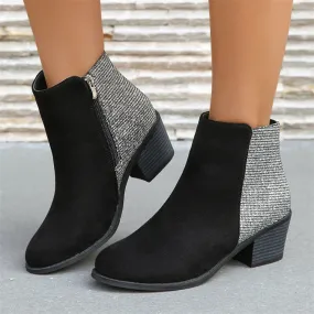 Glossy Fabric Back Stretch Microfiber Big Foot Back Chunky Heel Side Zip Low Cut Boots Women Boots