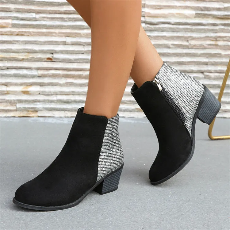 Glossy Fabric Back Stretch Microfiber Big Foot Back Chunky Heel Side Zip Low Cut Boots Women Boots