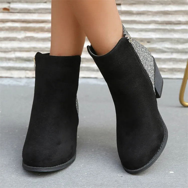 Glossy Fabric Back Stretch Microfiber Big Foot Back Chunky Heel Side Zip Low Cut Boots Women Boots