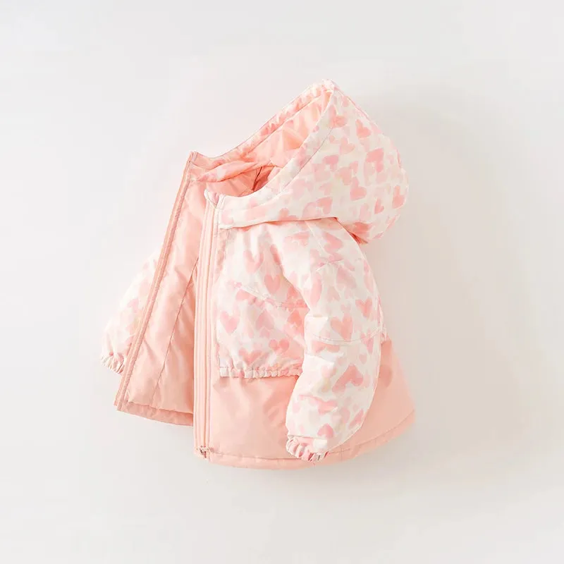 Heart Print Kids Girls Casual Padding Snow Jacket