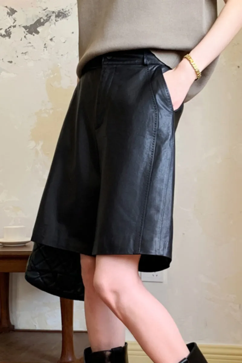 High Waisted Black Leather Shorts