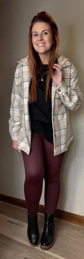 Khaki Plaid Button Up Hooded Shacket